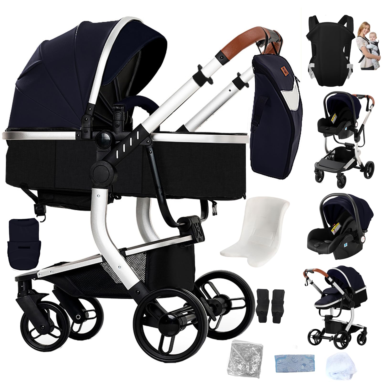 Reenborn PU-Leder Kinderwagen 3 in 1, Buggy mit Ein-Klick-Faltdesign, Kinderwagen mit Zwei Umkehrbaren Schiebemodi, Kombikinderwagen 3 in 1 Komplettset Rahmen Aluminiumlegierung (L518 Silver Blue)