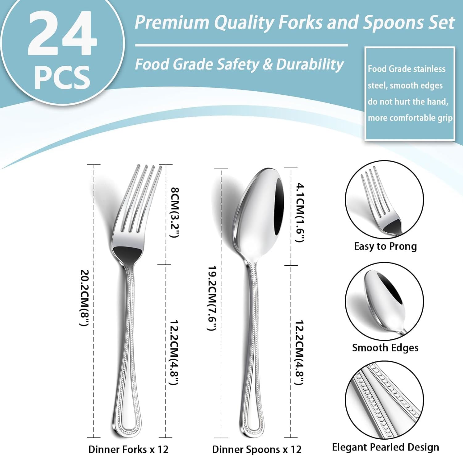 24 PCS Spoons and Forks Set, Food Grade Stainless Steel with Pearl Dot Design Handle Silverware Set, Mirror Polished Dishwasher Safe, Silverware Forks and Spoons for Home or Restaurant — Amazon image 2