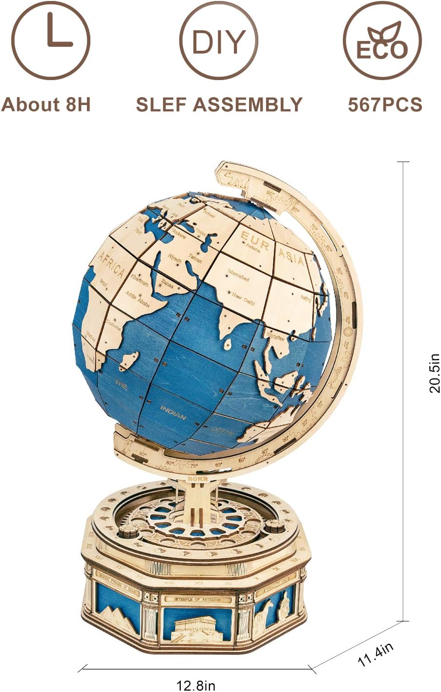 ROBOTIME 3D Wooden Globe Model Kit with dimensions labeled