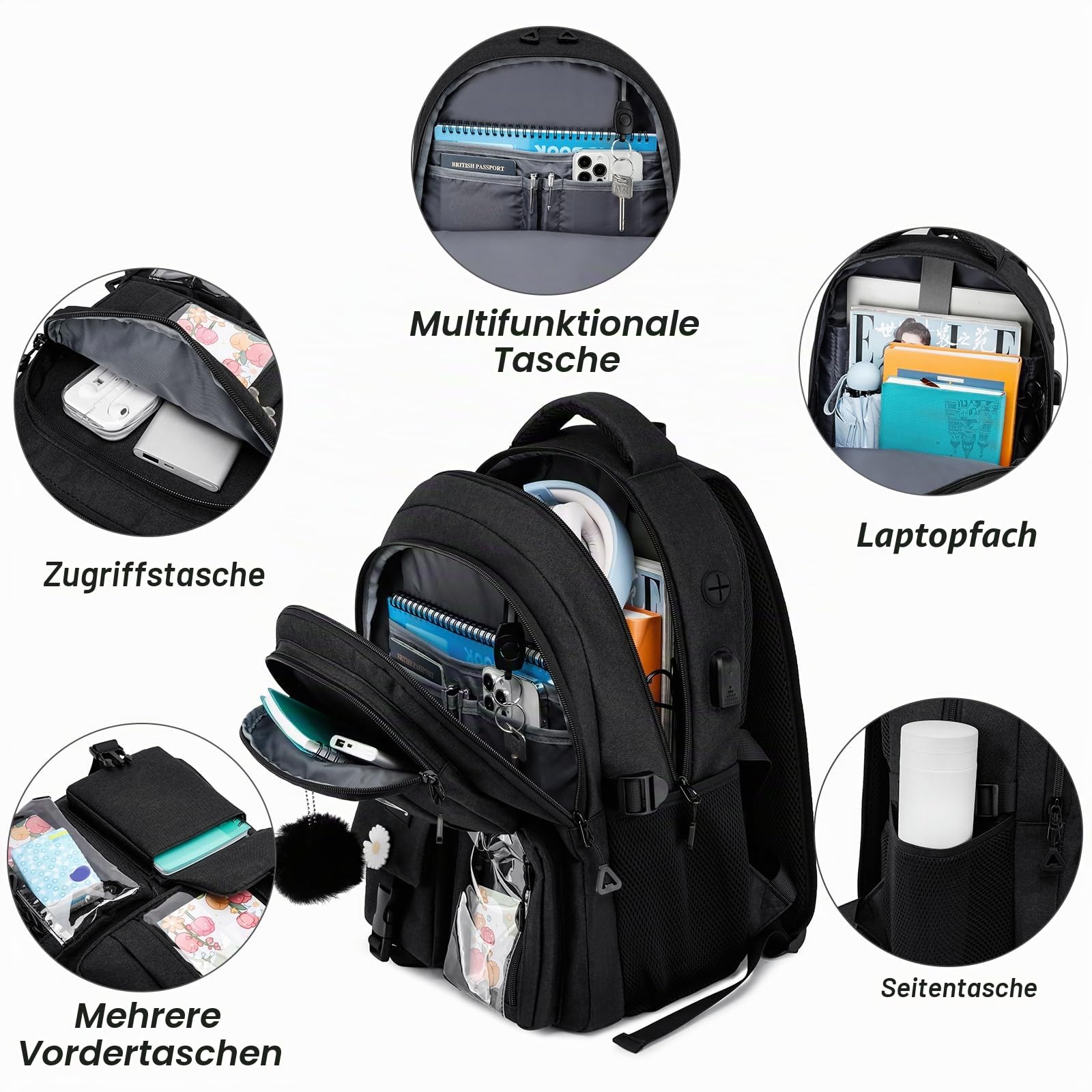 kadilong Schulrucksack Mädchen Rucksack Damen 15,6 Zoll Laptop für Uni, Schultasche Schulranzen mit USB Ladeanschluss Lehrertasche für Arbeit Business Reisen Studenten
