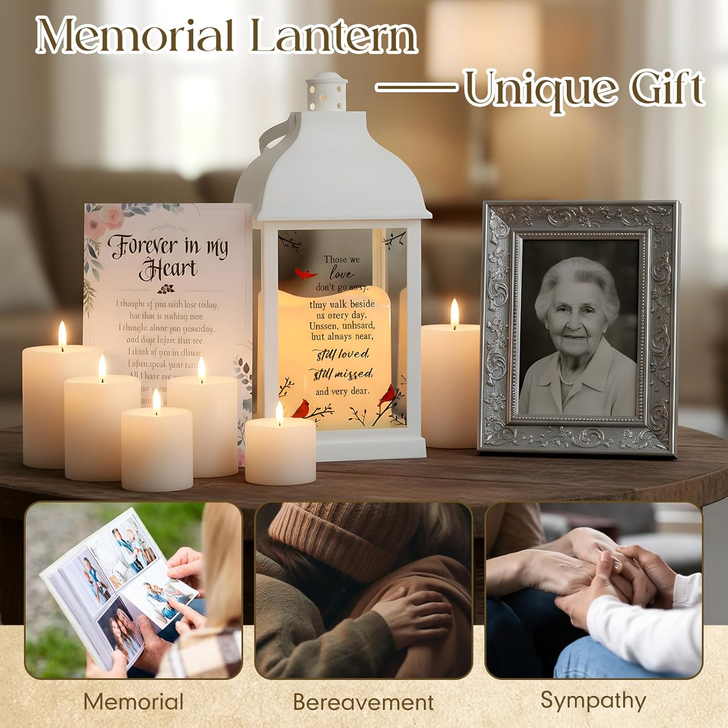 Baquler 1 Pcs Memorial Lantern Gifts with Card Bereavement Gift for Loss of Loved One Remembrance Sympathy White Handle Memory Lantern Presents with LED Candle and Card, Battery Included(Modern) - Image 5