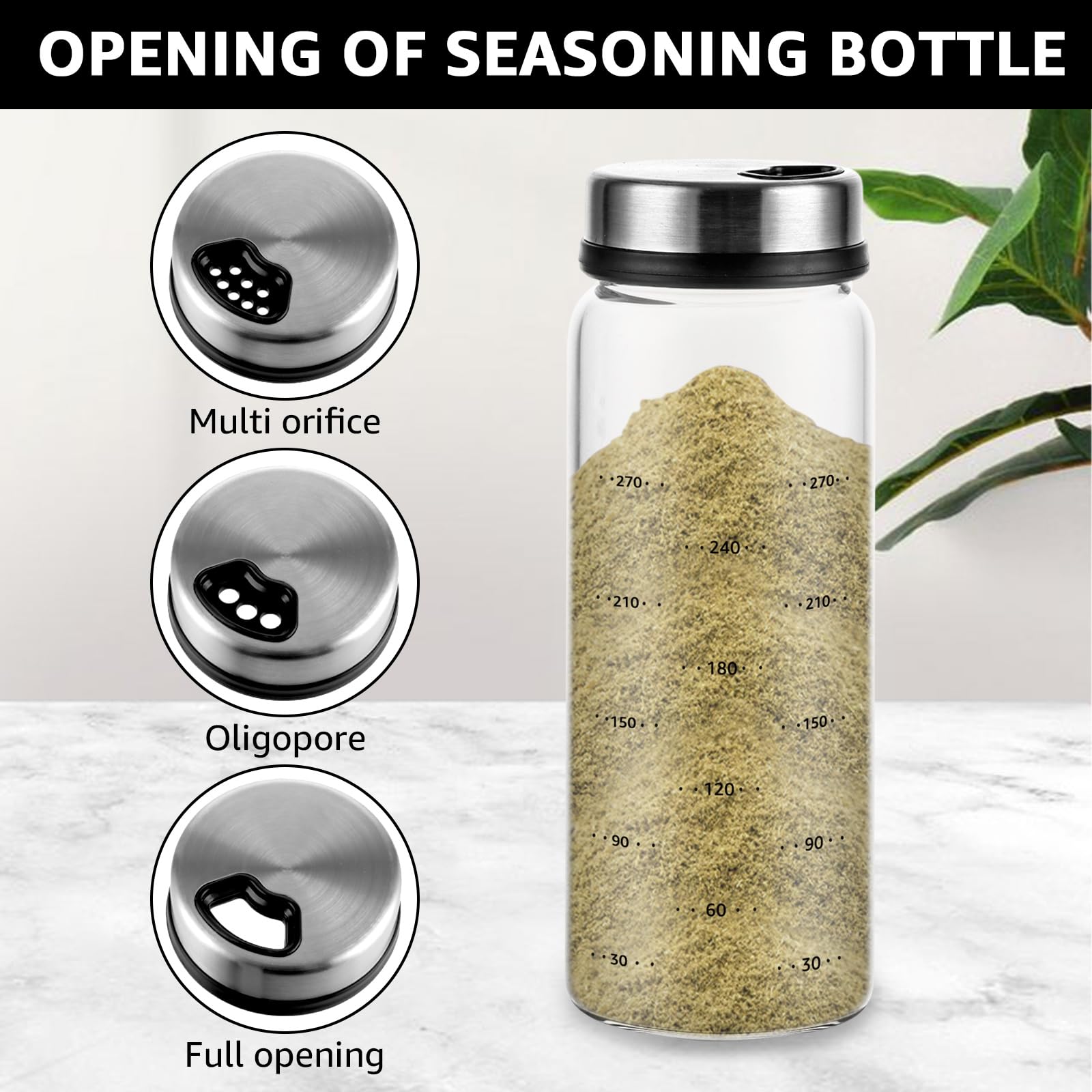 Lot de 3 bocaux à épices avec couvercle rotatif – 300 ml – Pots en verre hermétiques de 16,5 x 6 cm – Saupoudreur avec 4 types d'ouvertures – Spice jars pour cuisine, salle à manger