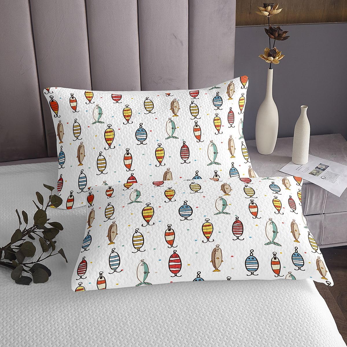 Feelyou Fishing Lure Bedspread Twin Size Colorful Fish Bait Coverlet Set White Fishman Quilted Coverlet for All Season with 1 Pillowcase Microfiber Lightweight