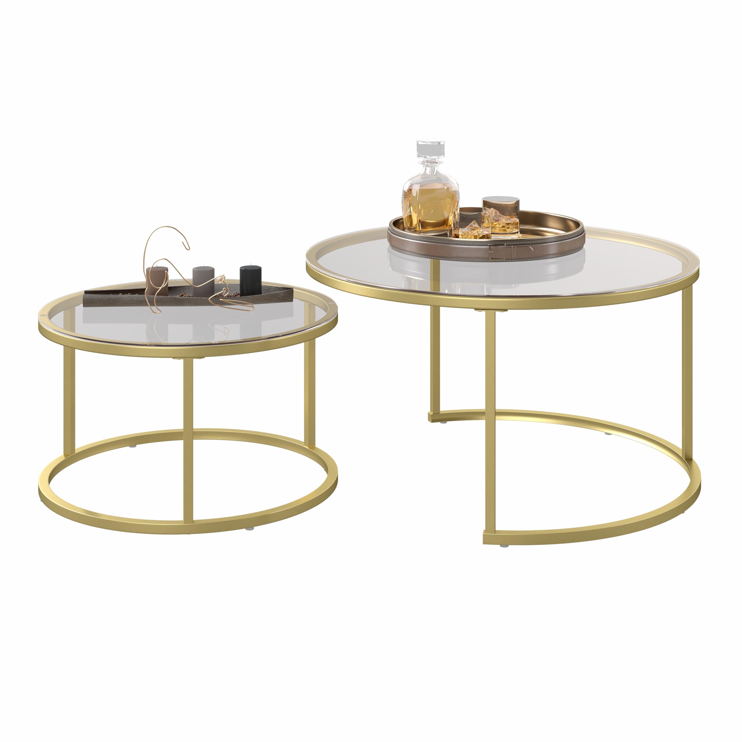 Set di 2 Tavolino da Caffè in Vetro, Rotondo Impilabile per Soggiorno, Gambe in Metallo Dorato, Tavolino Soggiorno Moderno 80x45 cm + 60x35 cm (Vetro+Oro)