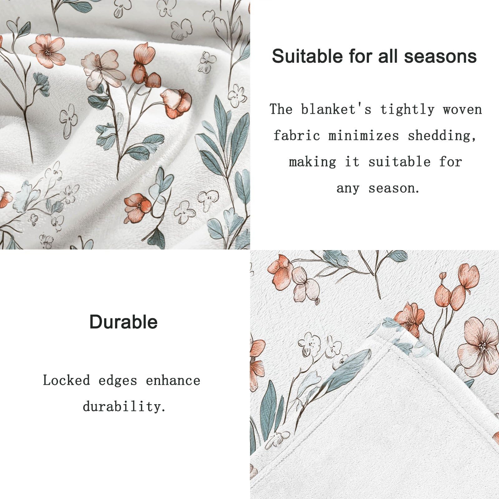 Coperta rustica in pile Sherpa con stampa floreale e piccoli fiori e piante, reversibile, 180 x 200 cm, per biancheria da letto, divano, letto, decorazione per la casa, beige e verde