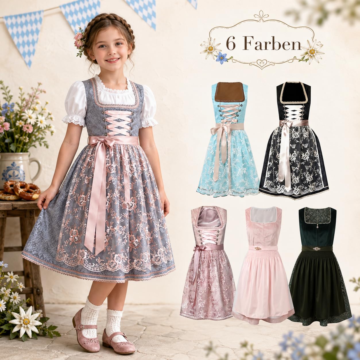Dirndl Mädchen Liebe Trachtenkleid 2tlg- Kinder Dirndl mit Spitzenschürze Kleid Oktoberfest Kleidung Karneval Wiesn Outfit Trachtenkleid für Volksfest Festliches Modern Trachten Outfit