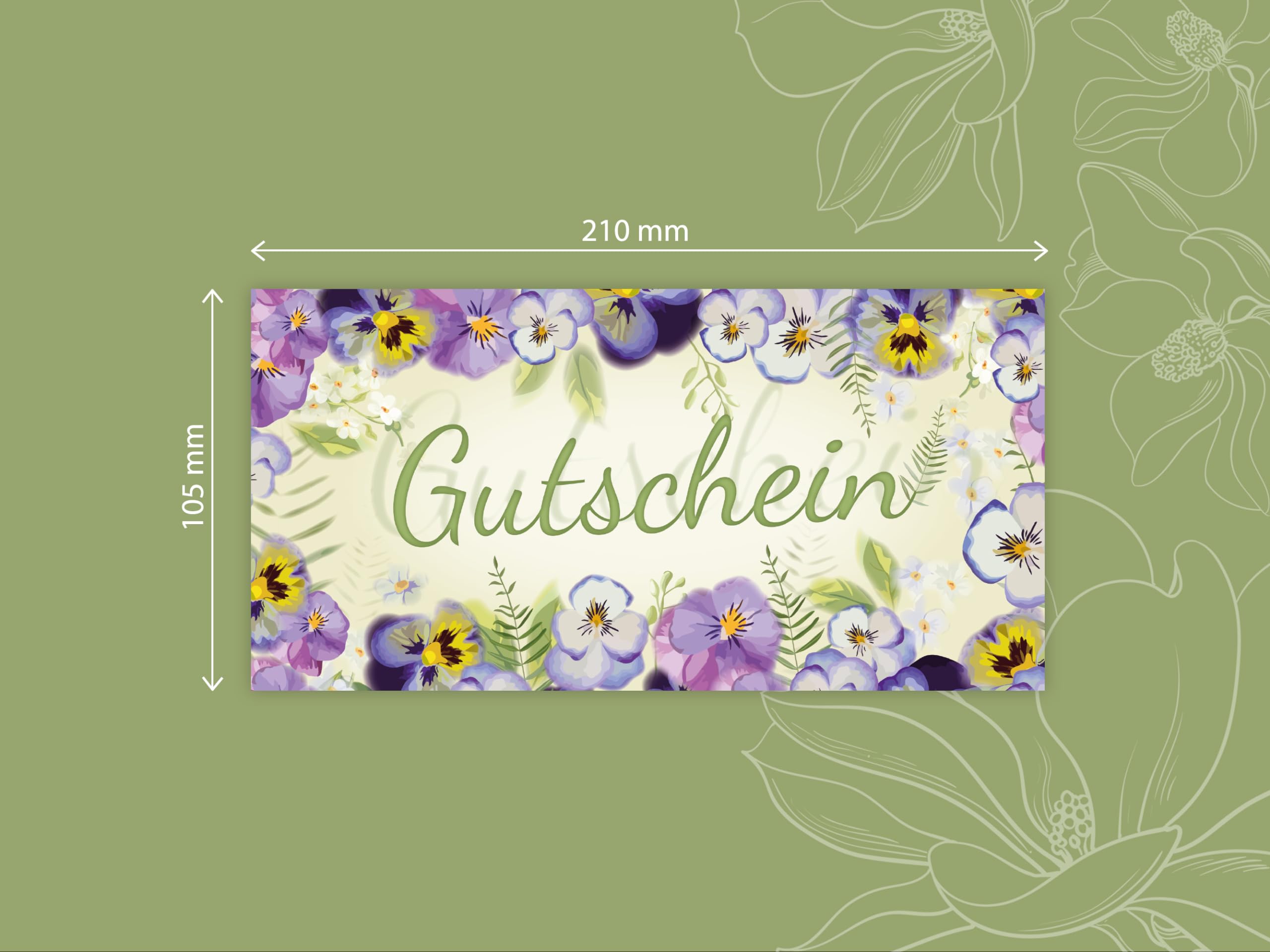 250 Geschenkgutscheine DIN lang plus (21 x 10,5 cm) Design Motiv Natur Veilchen Blumen. Blanko Gutscheine zum Ausfüllen Gutschein Geschenk Karte für Massage Wellness Kosmetik Nagelstudio Spa Beauty