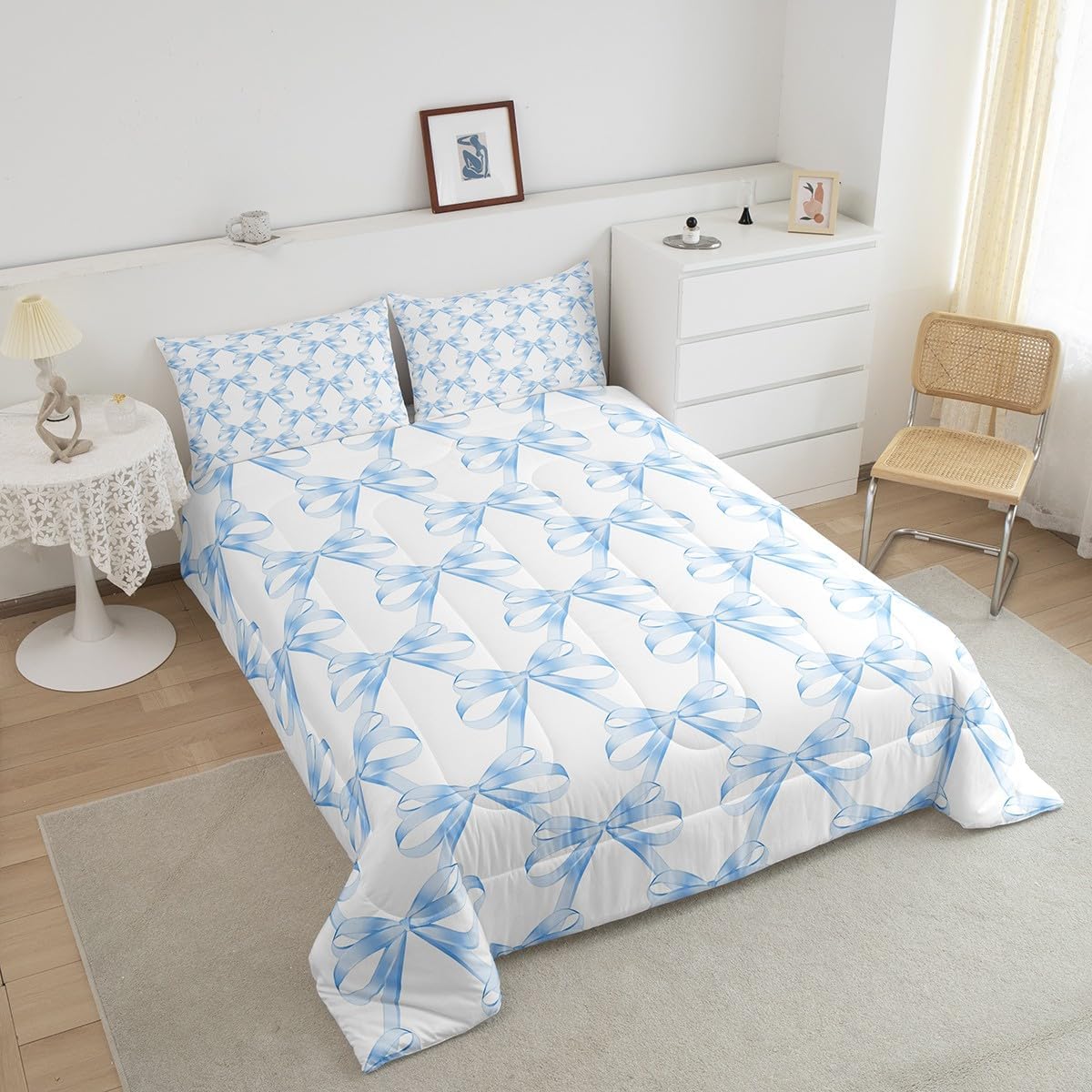 Feelyou Blue Bowknot Comforter Twin Size Dreamy Princess Style Comforter Set for Boys Girls Children Girly Cute Bow Fairy Tale Theme Bedding Set Room Decor Geometric Duvet Set 2Pcs