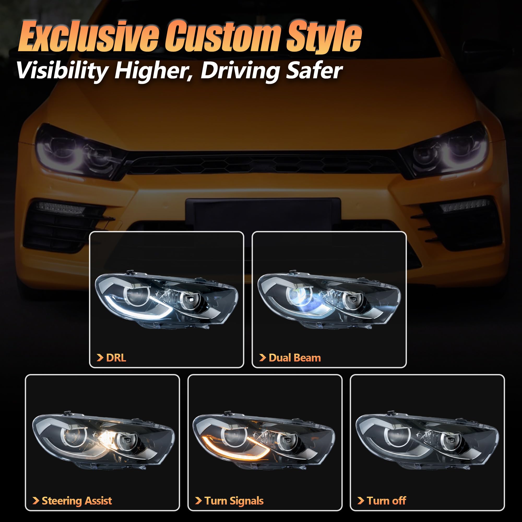 VLAND Fari per Scirocco 3 TSI TDI R 2009-2014 (alogeno/xeno/R), LED DRL, con display dinamico di avvio e indicatori di direzione sequenziali, 1 coppia