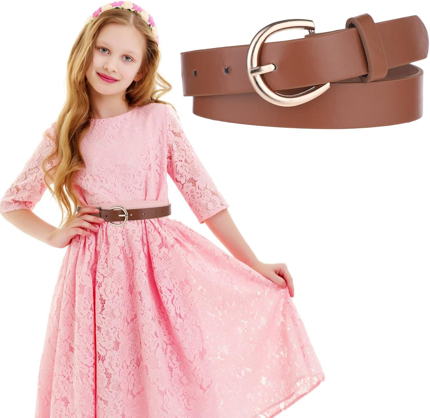 2 Pack Girls Belt, 32.3 Inch Kids Elastic Belt PU Leather Waist Belt with Double O Ring Buckle for Dress Pants Jeans - Image 3