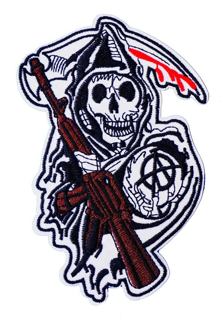 Graphic Dust Grim Reaper Iron On Embroidered Patch Halloween Skeleton Ghost Death Biker Badge Black Cross Symbol Motorcycle Racing Jacket Backpack Heavy Metal Car Flames Fire Red Cross