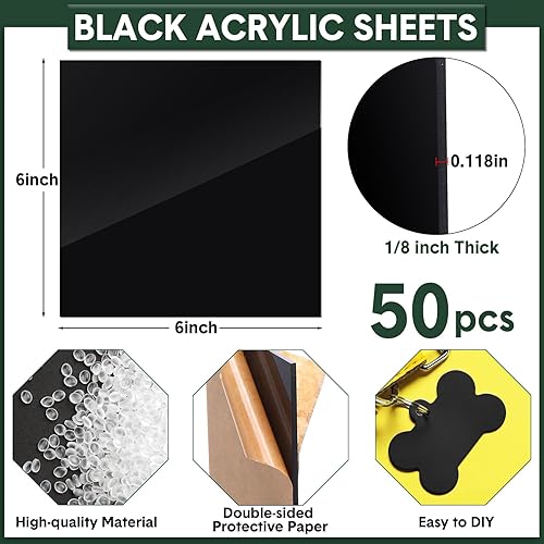 Miniatura 2 de Suzile 50 hojas acrílicas negras de 3.9 x 3.9 pulgadas, hojas acrílicas de 18 de grosor cortadas a medida, láminas acrílicas opacas de policarbonato