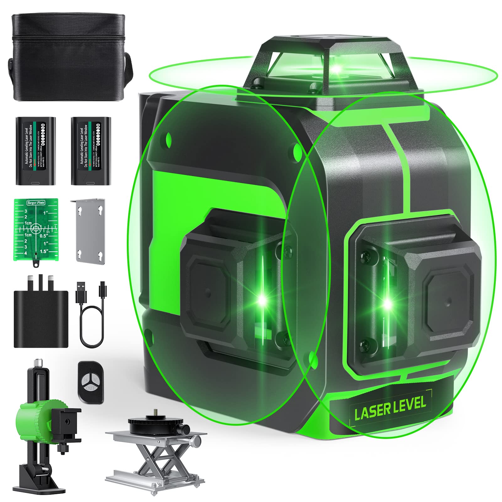 3x360° Nivel Láser, Nivel Láser de línea verde Autonivelante, 12 líneas 3D 360 Vertical Horizontal Nivelador Láser Líneas, Con Control Remoto, Soporte Magnético y 2 Batería Recargable
