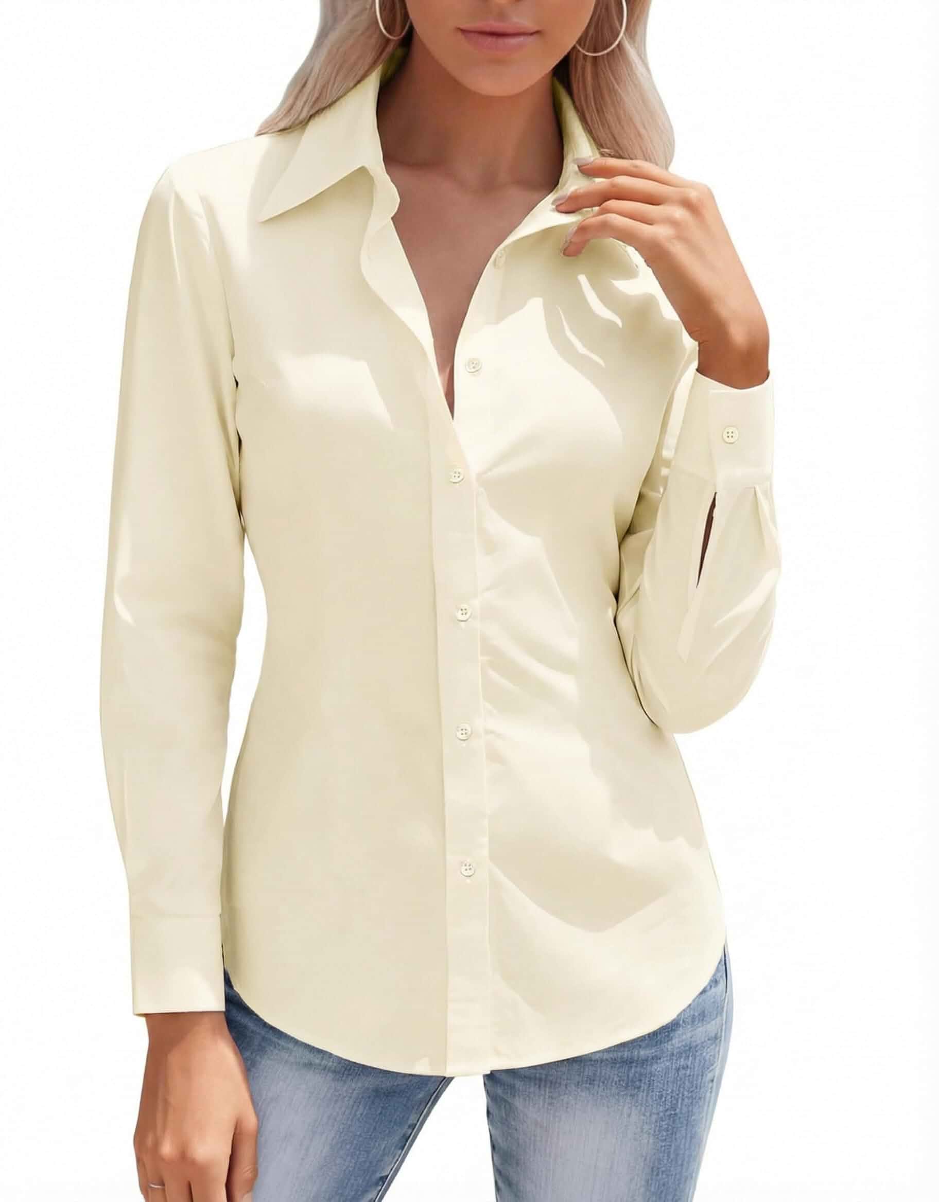 HOTOUCH Button Down Shirts for Women Long Sleeve Stretch Dress Shirts | Wrinkle-Free, Work Blouses, Slim Fit, Office Tops