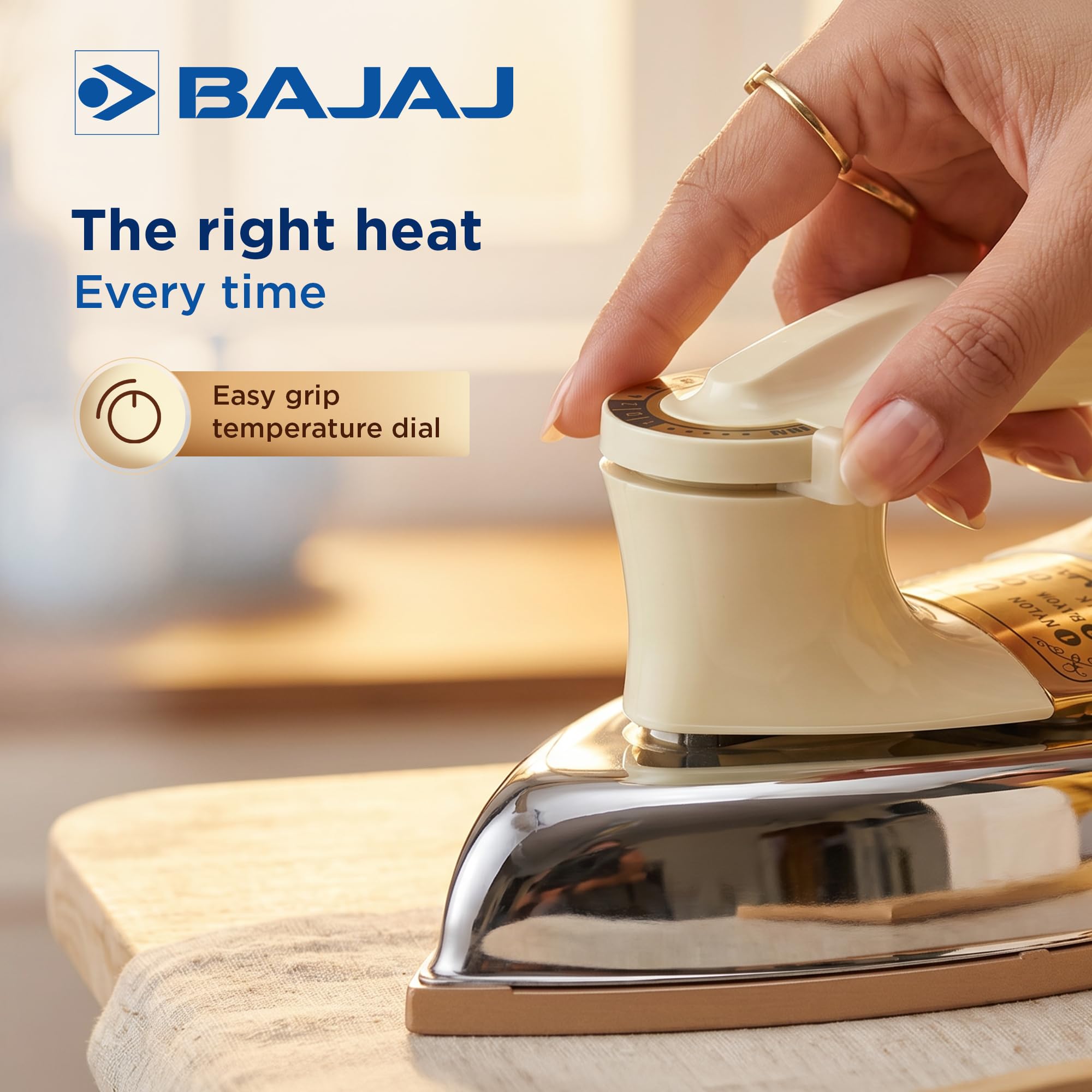 Bajaj DHX-9 1000W Heavy Weight Dry Iron | Advance Soleplate And Anti-Bacterial German Coating Technology | Multiple Temperature Levels | 2 Yr Warranty 【Ivory】