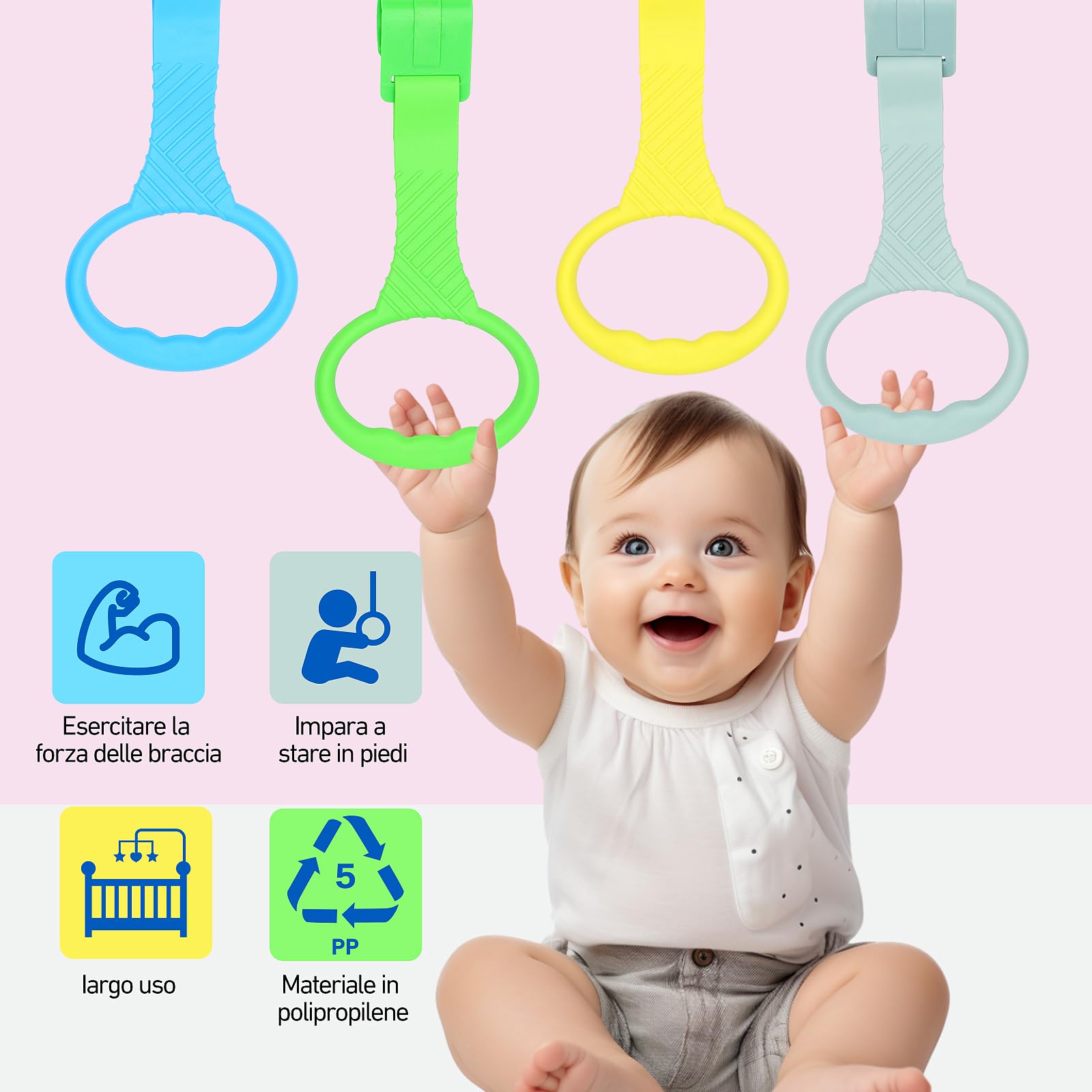 XIANGLONGY 8 Pezzi Maniglie per Recinto Neonato, Anelli di Sostegno in Materiale PP per Bambini, Aiuta il Piccolo a Imparare a Stare in Piedi, Cinque Colori (Colori Casuali)