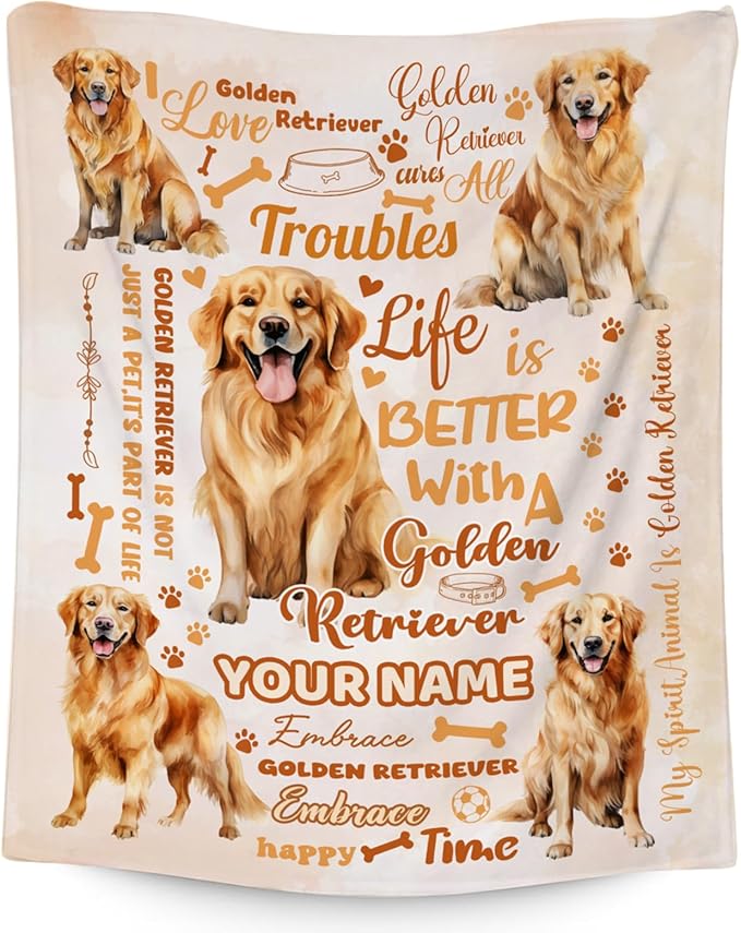 Custom Golden Retriever Blanket, Golden Retriever Lovers Gift, Cute Soft Throw Gifts for Girls Boys Women, Cozy Flannel Throw Blankets for Bed Travel, 50"x60"