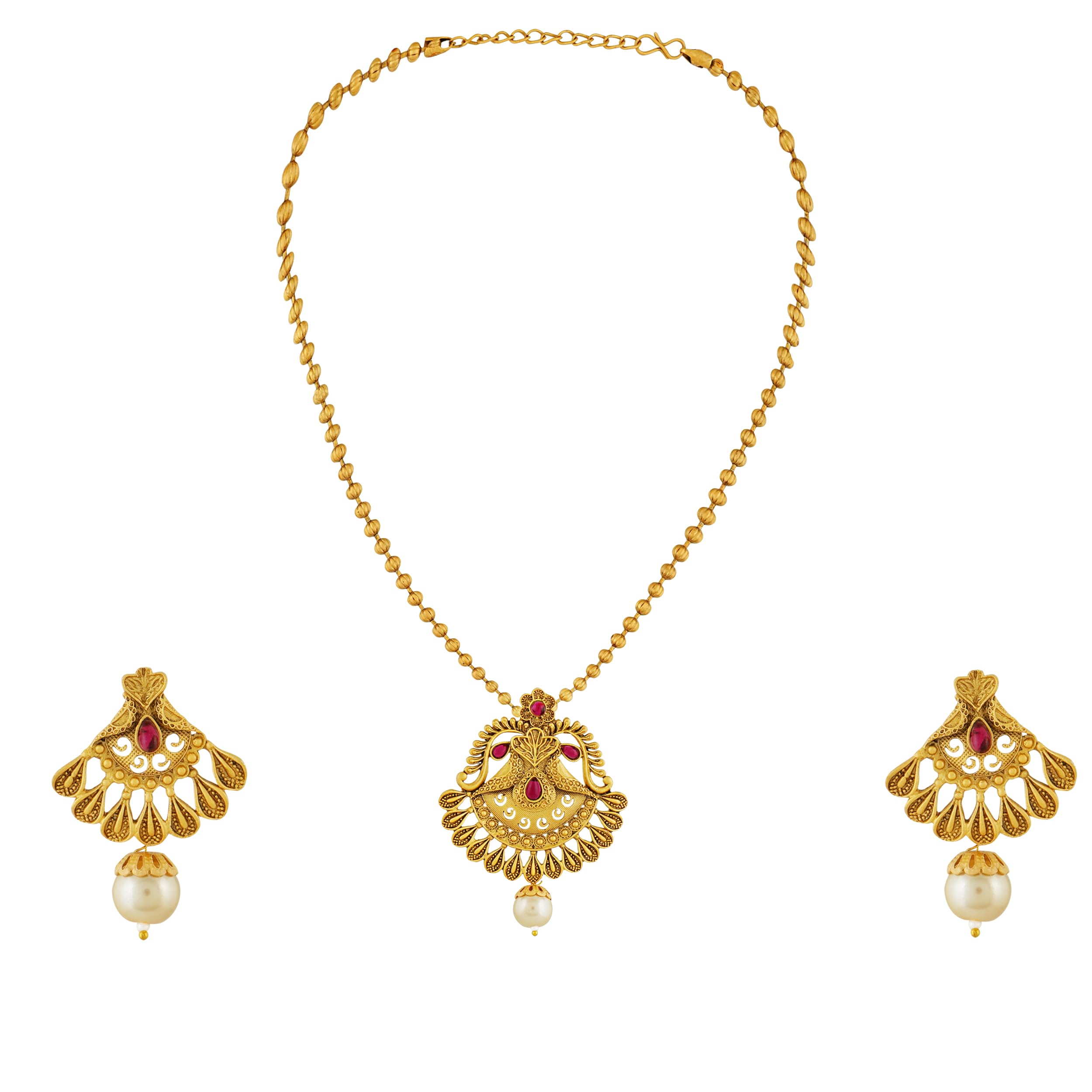 Mansiyaorange Necklace Jewellery Matte Gold Ruby Red Stone Floral Long Chain Pendant Set For Women (B0C7HCYNLQ) Amazon Price History, Amazon Price Tracker