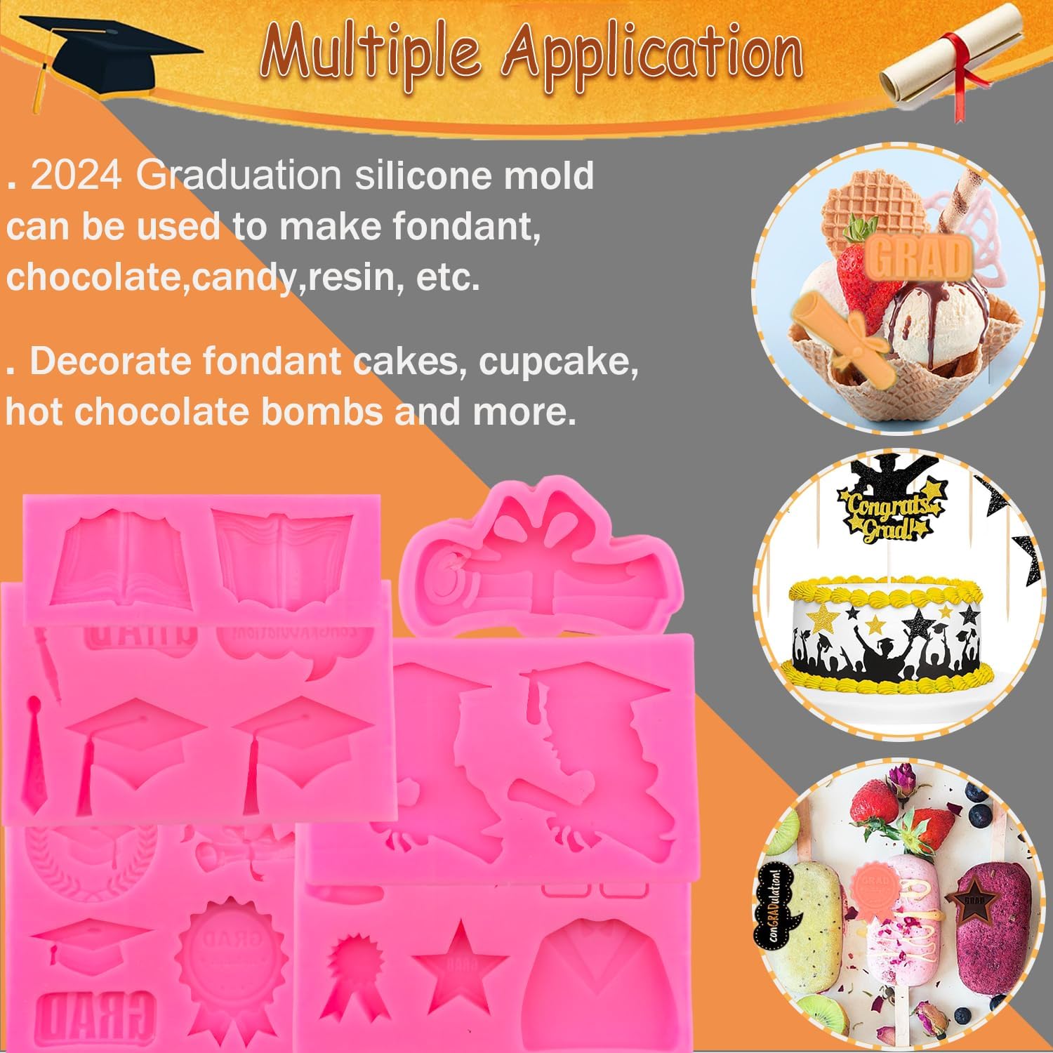 6 Pack Graduation Fondant Molds Silicone Graduation Mold Cap Diploma Book Mold Congrats Grad Congratulations Candy Chocolate Mould for Party Soap Resin Cake Cupcake Topper Decoration