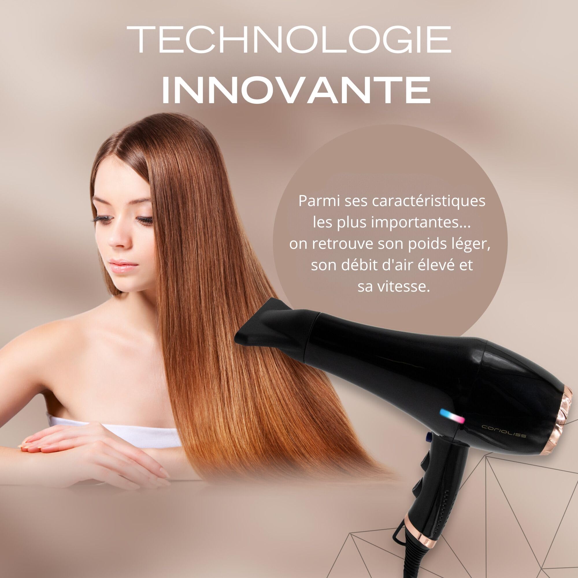 Corioliss Sèche-Cheveux Professionnel Ionique FLOW+ Black Copper 2000 W avec 3 réglages de température et 2 vitesses.