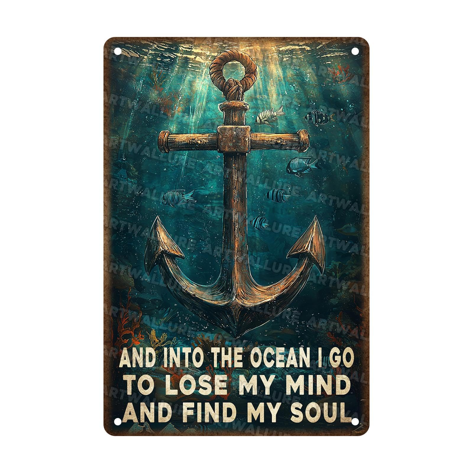 Rustic Metal Poster Anchor And Ocean Soul Tin Sign Coastal Wall Decor For Boat Garage Man Cave Beach Bungalow Nautical Gift Sailor Theme 8x12Inch