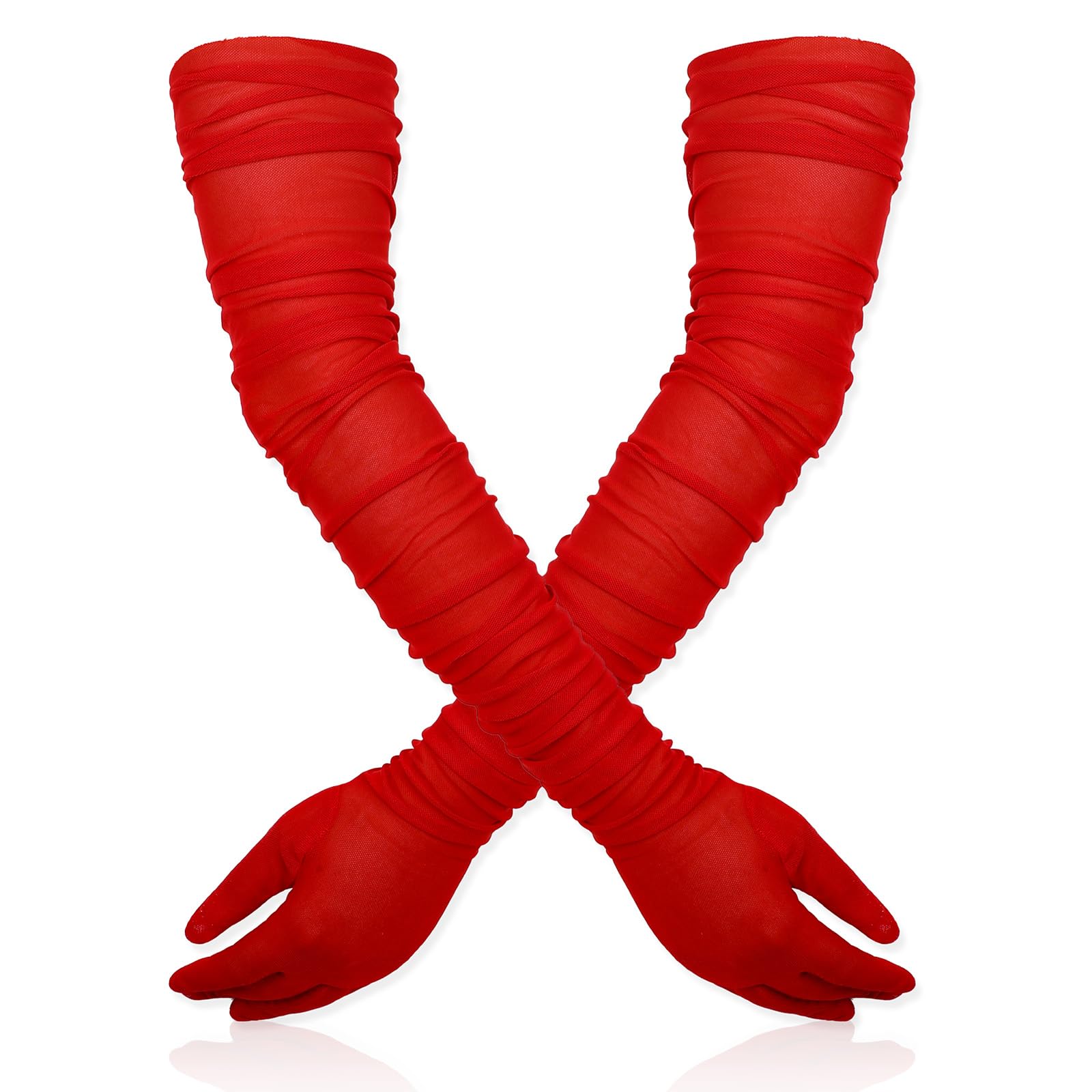 salbseverWomen's Red Long Gloves, 27 Inch Mesh Tulle Gloves for Opera Party Wedding Costume Dance