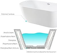 Vista 6 de FerdY Bali - Bañera de acrílico independiente, bañera de inmersión independiente con forma graciosa, certificado CUPC blanco brillante, drenaje