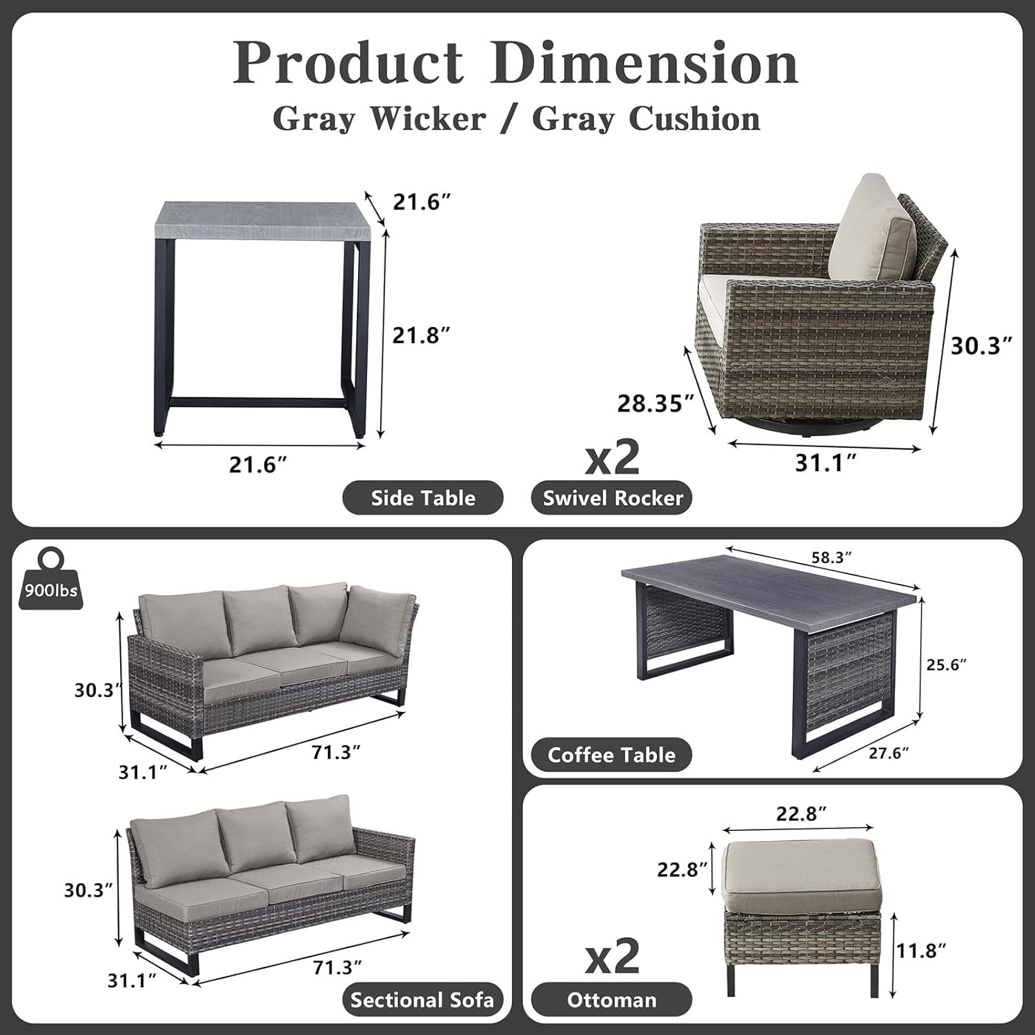 Patio Sectional Furniture Set with Coffee Table 8 Pieces Wicker Patio Conversation Sets with L Shaped Sofa Outdoor Swivel Glider Rocker Rattan Ottomans for Backyard Porch(Blue)