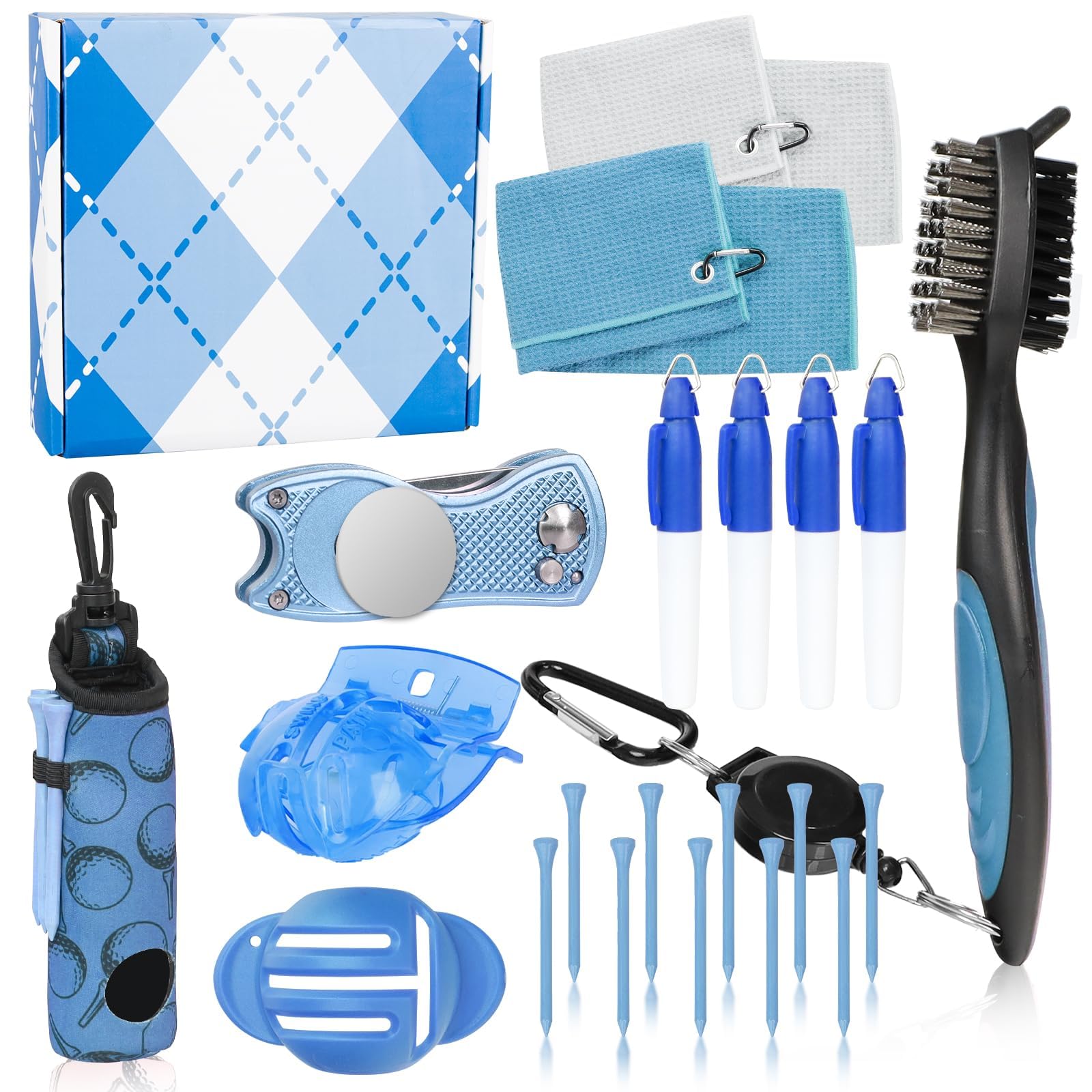 Golf Accessories Kit Golf Club Cleaning Kit Club Groove Cleaner Brush Divot Repair Tool Golf Towel with Clip Ball Bag with Hook Ball Alignment Kit