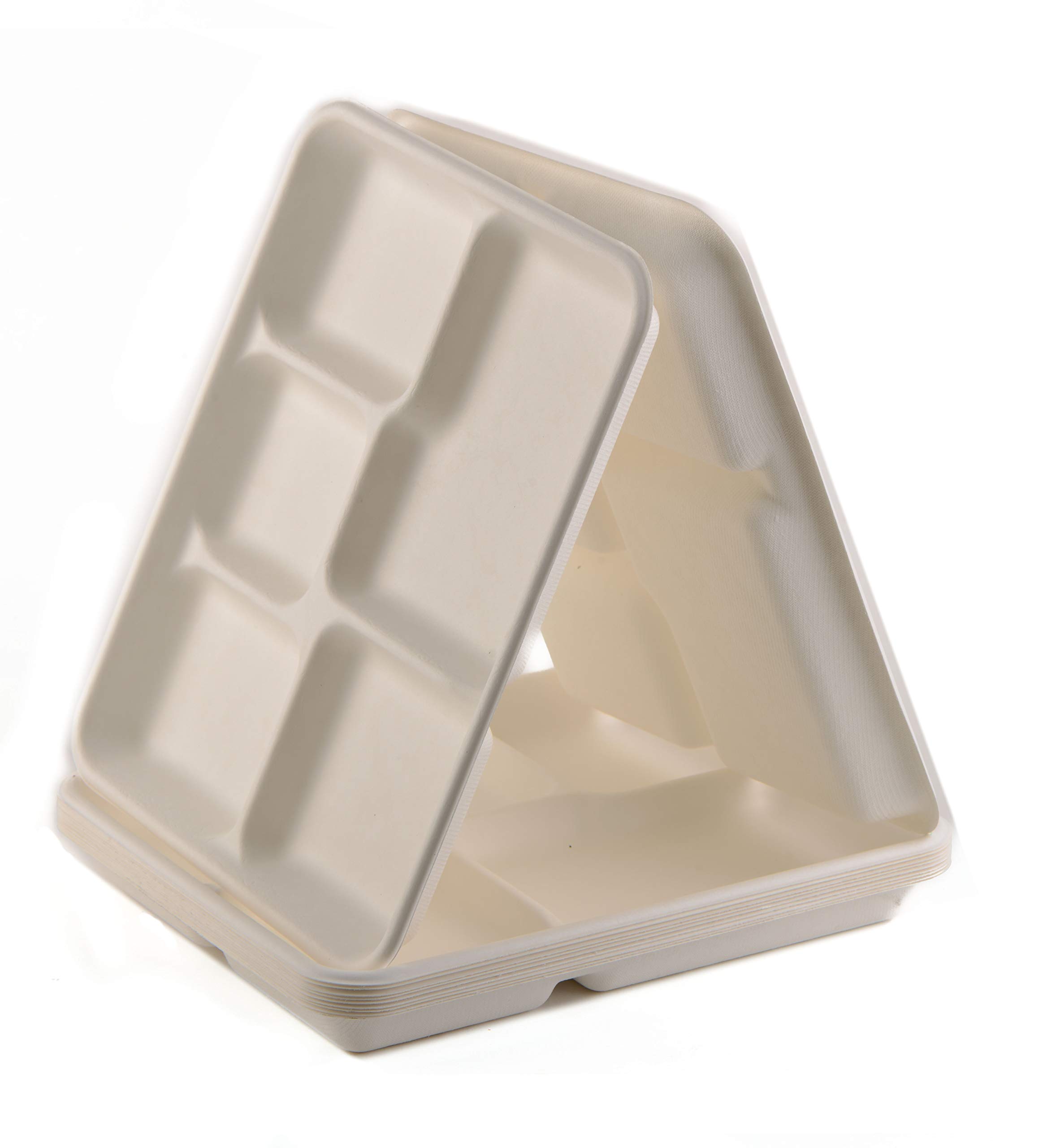 [150 PACK] 5-Compartment Sugarcane Fiber Disposable Tray - 100% Compostable American Tray, Serving Tray, Cafeteria Tray, Biodegradable, EcoFriendly, Tree Free by EcoQuality (10x8.3x0.9 inch)