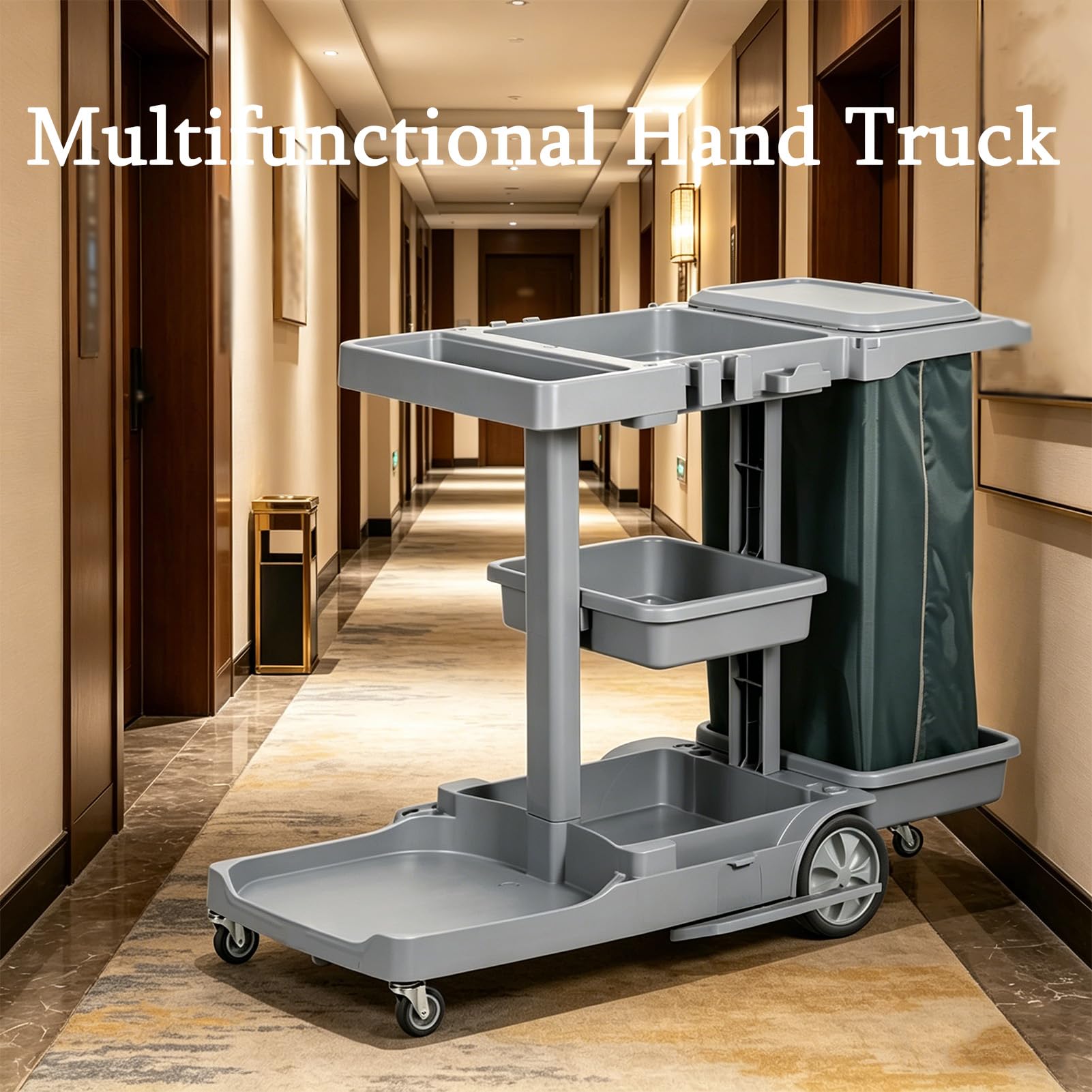 Carrito de limpieza comercial, carrito de limpieza de plástico ligero con estantes de tres niveles y ruedas silenciosas para hoteles, tiendas, escuelas y negocios