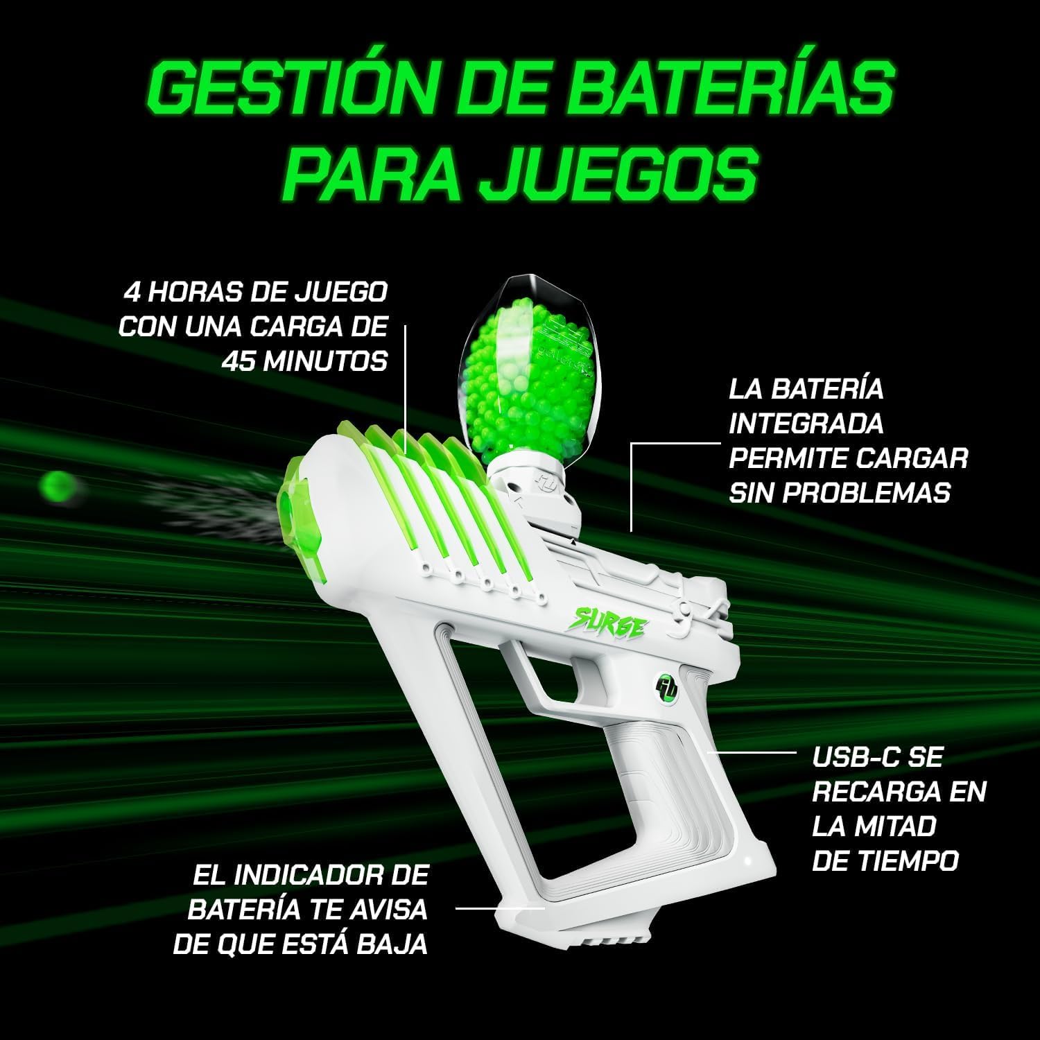 Gel Blaster The Original Surge - Lanzador de Bolas de Gel de Alto Rendimiento | Modos semiautomático y automático | 10K Rondas | Alcance de 30 Metros | Incluye 800 Rondas | para Mayores de 14 años