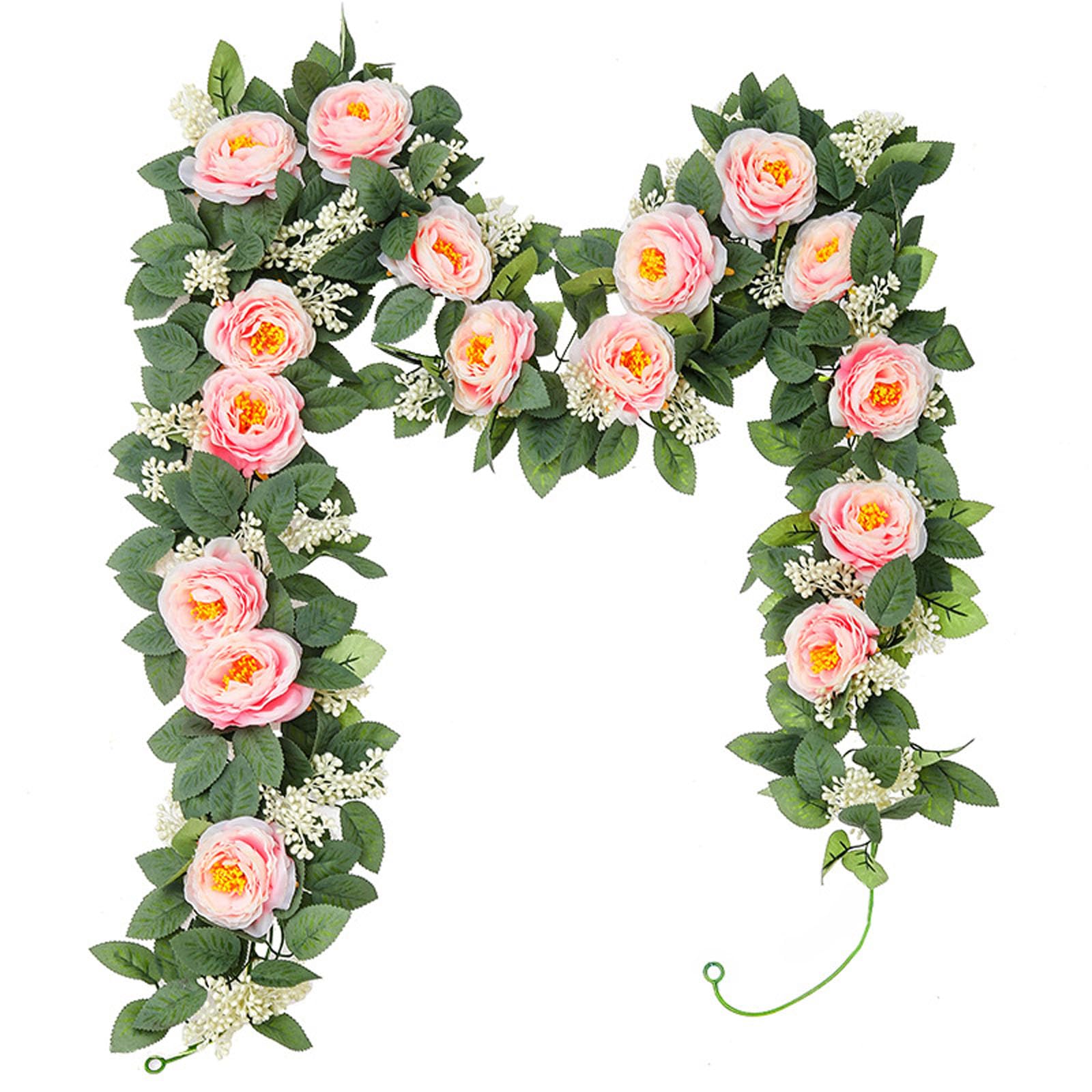 Lot de 2 guirlandes de roses artificielles, 2 m, décoration en soie, fausses roses, 340 g, pour arche de mariage, arche de porte, décoration (rose)
