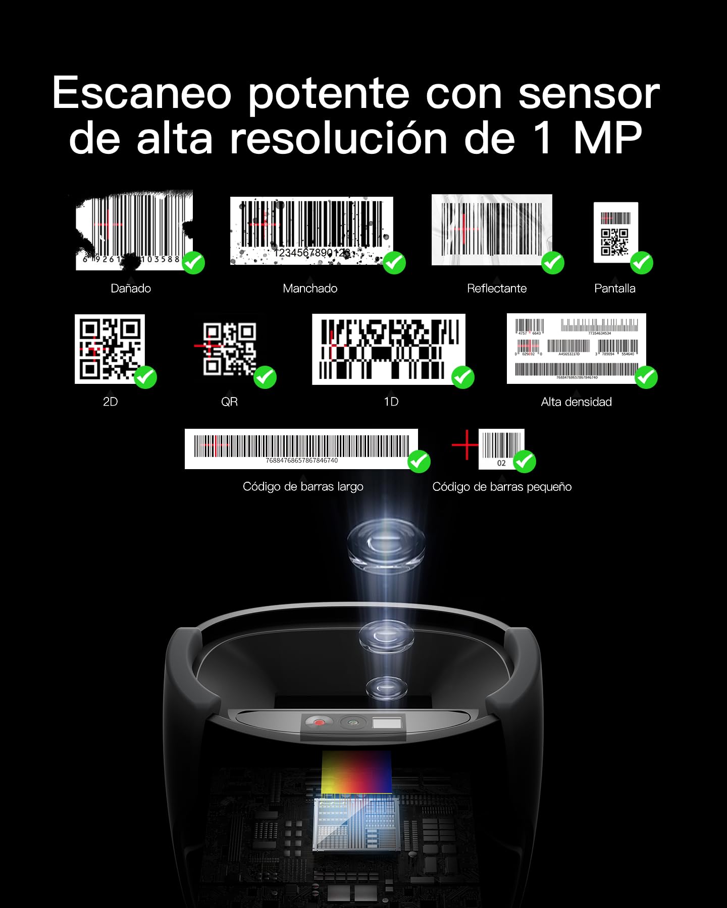 Inateck Lector de Códigos de Barras Inalámbrico 1D 2D QR PDF417, Alcachofa de Código de Barras con 2 Baterías Reemplazables de 2000 mAh, Compatible con Android e iOS, para Almacenamiento y Logística