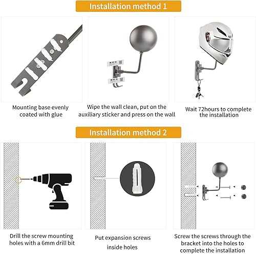 Miniatura 4 de Soporte para casco de motocicleta, soporte de pared para casco de 180, soporte de metal de rotación con ganchos, soporte de suspensión de