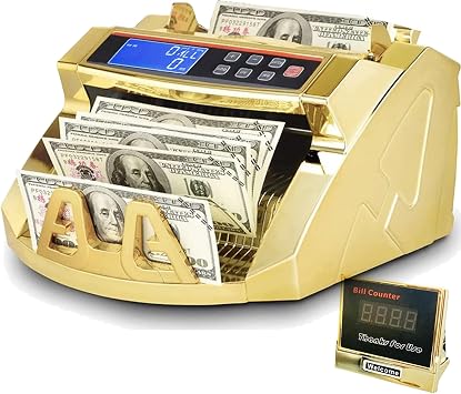 Gold Money Counter Machine for Dollars | UV MG IR Counterfeit Detection Bill Counter with External LCD Display, Count/Add/Batch Auto Modes Cash Counter