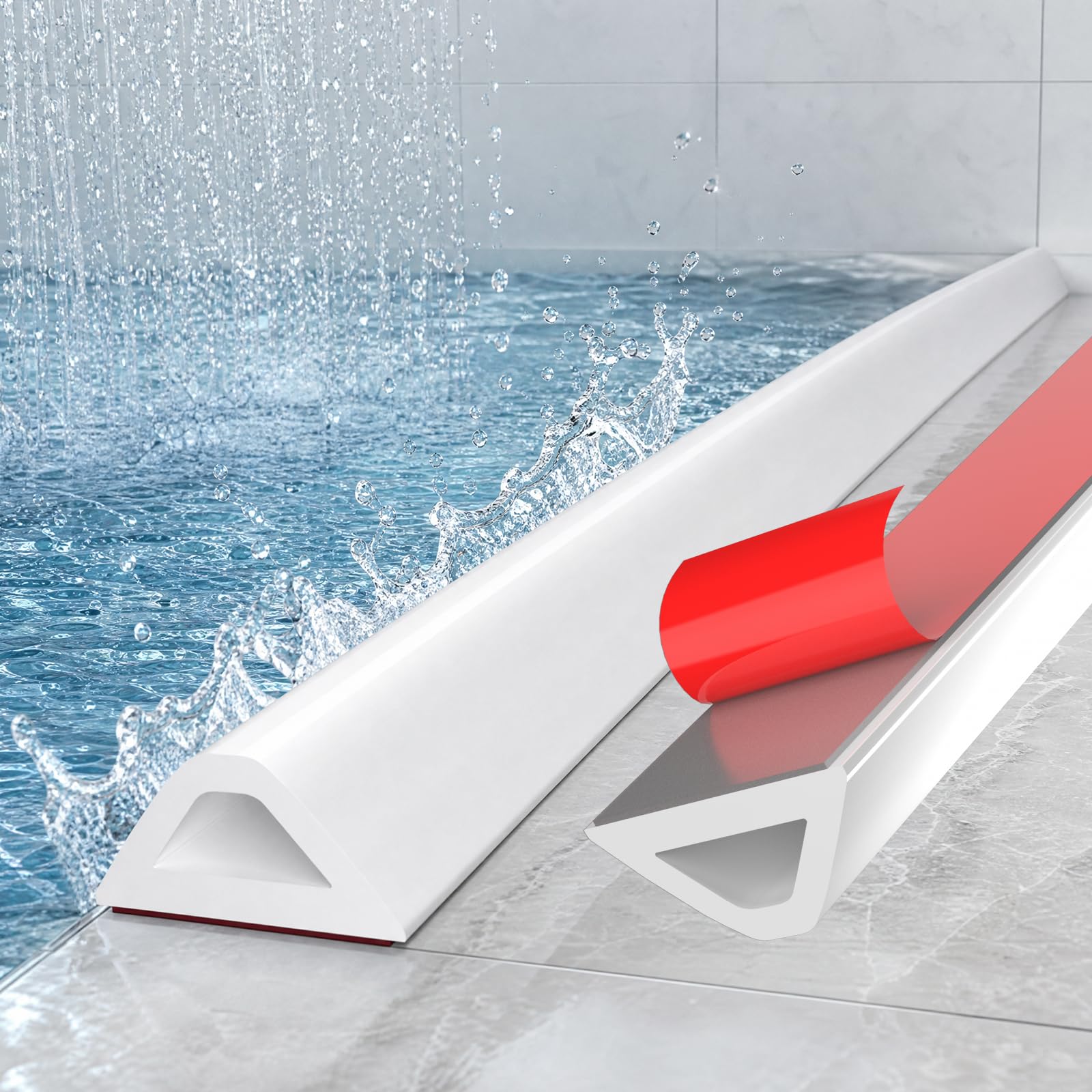 alophoty Shower Threshold Water Dam Barrier - 138" Collapsible Self-Adhesive Silicone Water Stopper for Walk-in Shower, Wet &amp; Dry Separation for Bathroom &amp; Kitchen, ADA Accessible, White