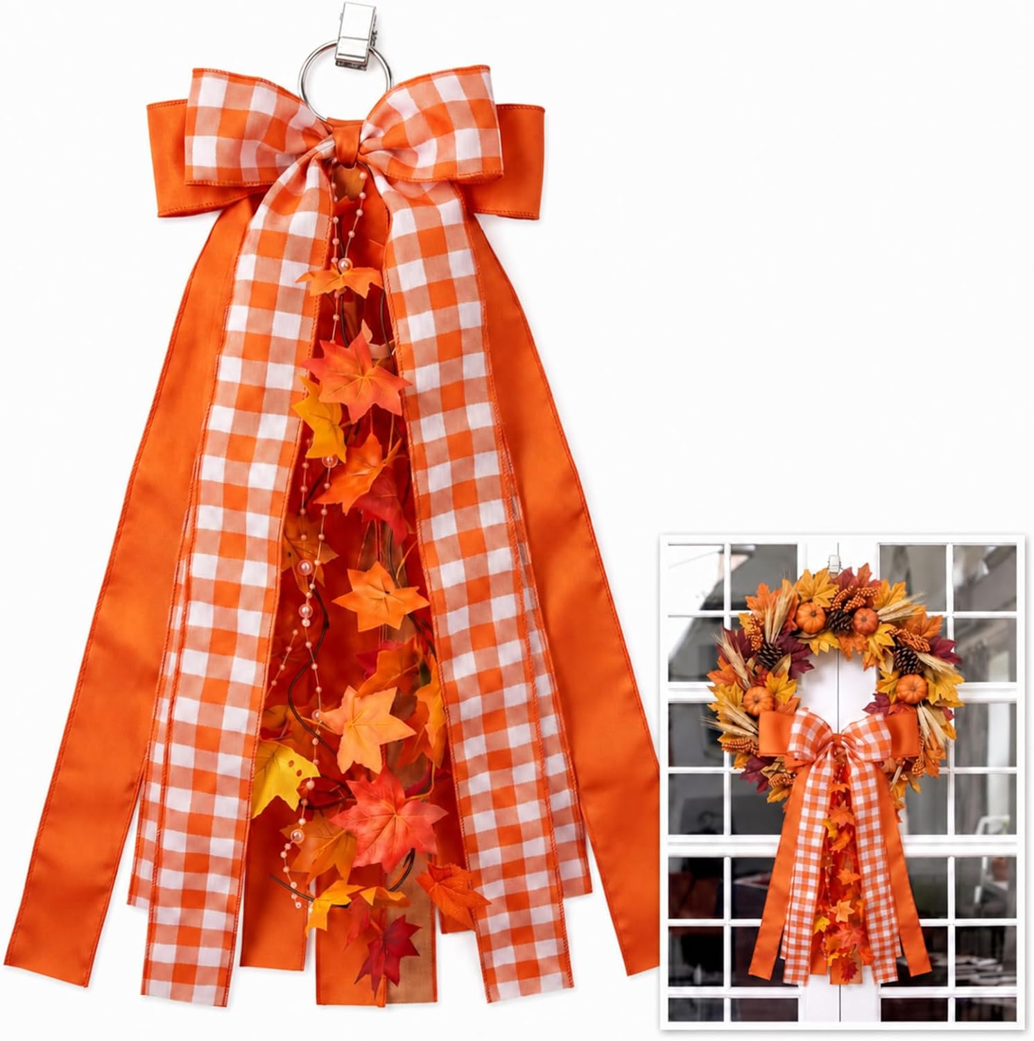 Riceshoot Fall Wreath Bow Orange Plaid Sash for Front Door Maple Leaf