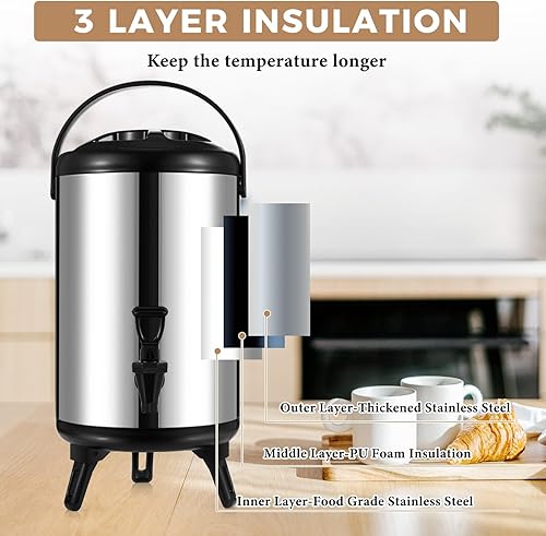 Miniatura 5 de Baderke Dispensador de bebidas aislado, 2 unidades, 4.8 galones, dispensador de bebidas de acero inoxidable de 18 l, té frío y caliente con espita