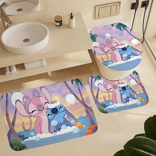 Miniatura 5 de Juego de 4 cortinas de ducha de dibujos animados con alfombras antideslizantes, cubierta para tapa de inodoro y cortina de tapete de baño para