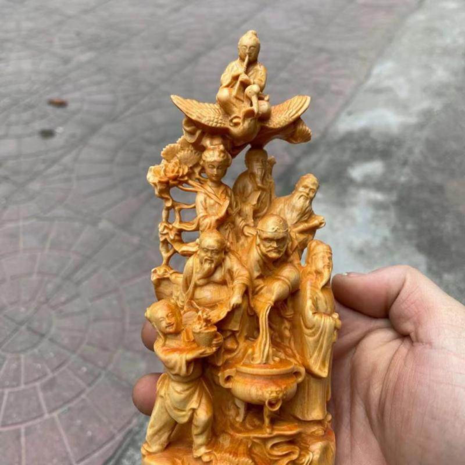 Scultura decorativa in legno di cipresso scogliera con otto immortali che attraversano il mare Buddha statua con scatola, 16 cm, scultura decorativa