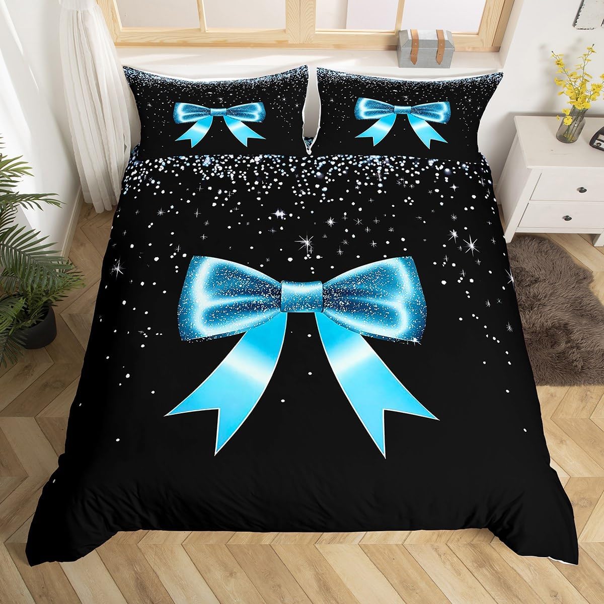 Erosebridal Blue Ribbon Bow Girls Toddler Bedding Set Cute Kawaii Bowknot Kids Comforter Cover Romantic Princess Bow Duvet Cover Dreamy Starry Sky Pink Glitter Black Quilt Cover
