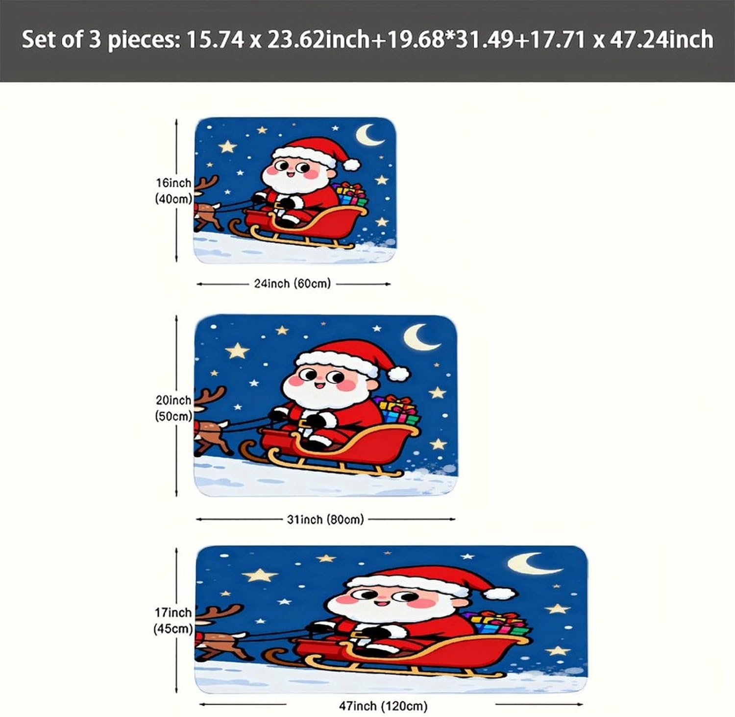 Christmas Santa Claus Kitchen Mats Soft Absorbent Rugs for Floor Non Slip Washable Kitchen Mats Fashion Rectangular Rugs for Three-Piece Set for Laundry Office Home Sink