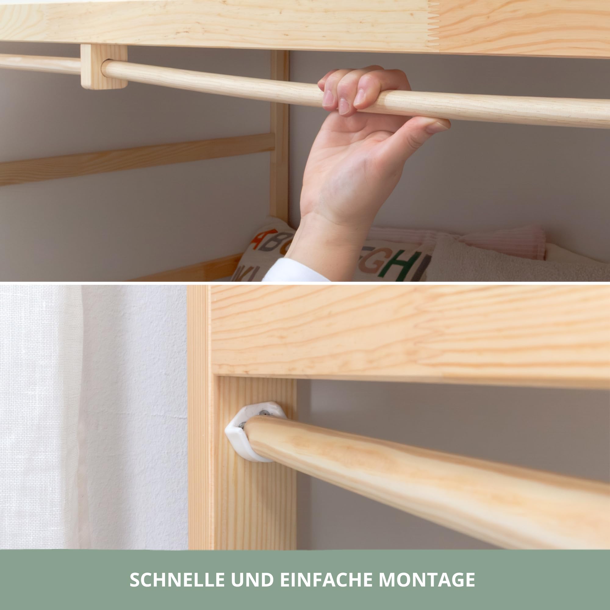 Vorhangset für IKEA KURA Bett - Pünktchen, Leiterseite | Vorhangstange aus massivem Kiefernholz + 2 Vorhänge aus 100% Baumwolle · macht das Bett zur Kuschelhöhle