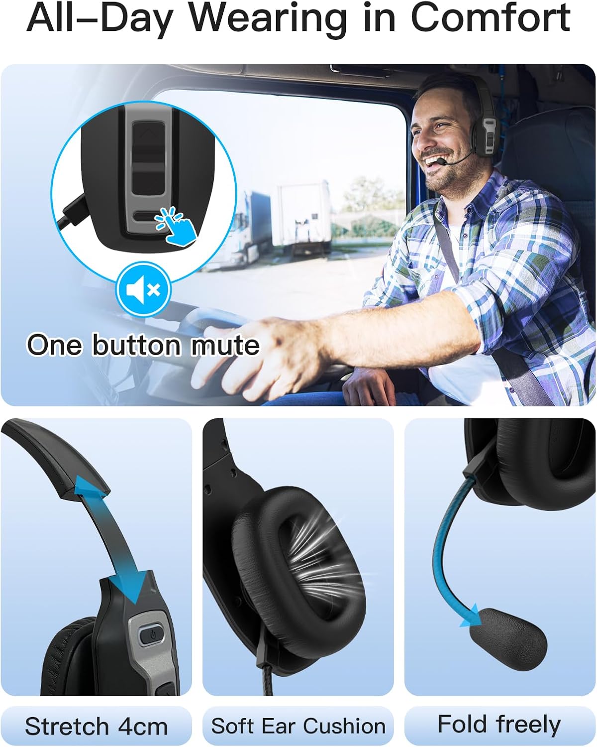Trucker Bluetooth Headset with Microphone, Wireless Headset with Mic (Noise Canceling) Mute & Volume Buttons Clear Sound Single Ear Design for Work Office Home PC Tablet Computer Cell Phone
