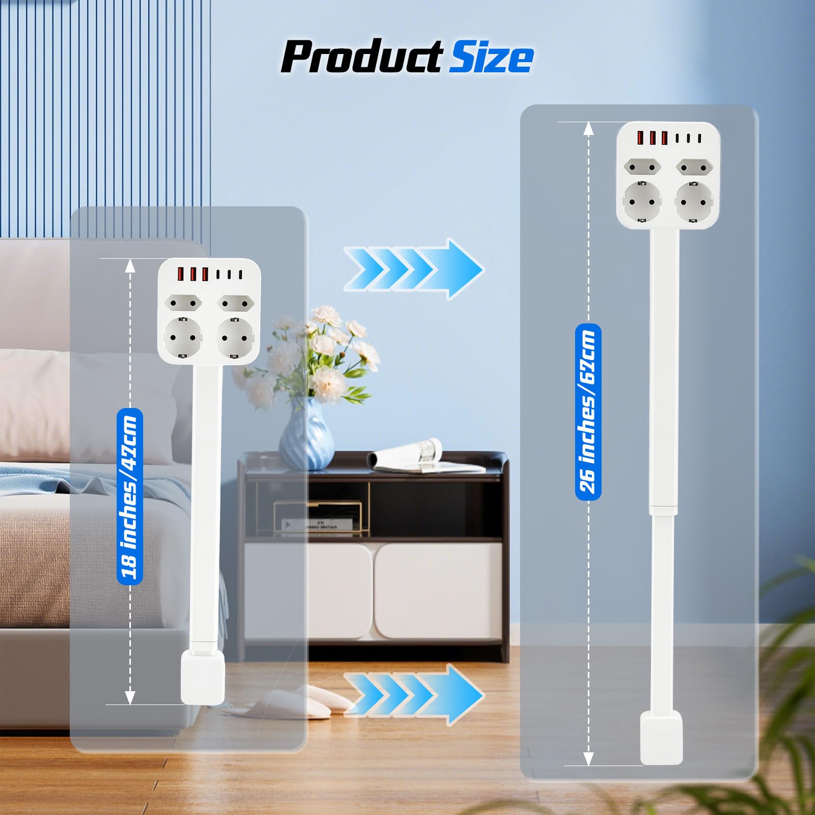 Multiprise extensible rectangulaire - Rallonge de prise - Barre extensible (47-67 cm) - 4 prises - Charge rapide USB-A & USB-C - Pour la maison et le bureau