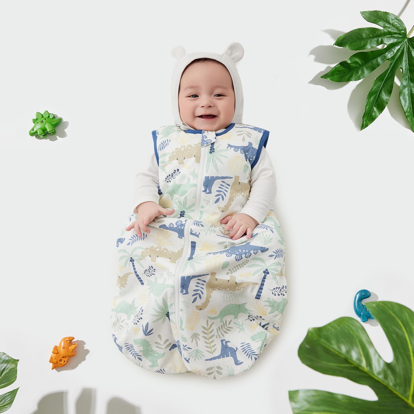 Duomiaomiao Sacco nanna Baby per l'intero anno 2.5Tog, 100% cotone Sacco per bebè invernale, neonato femmina, Sacco nanna caldo per bambini neonati(Dinosauro/85)