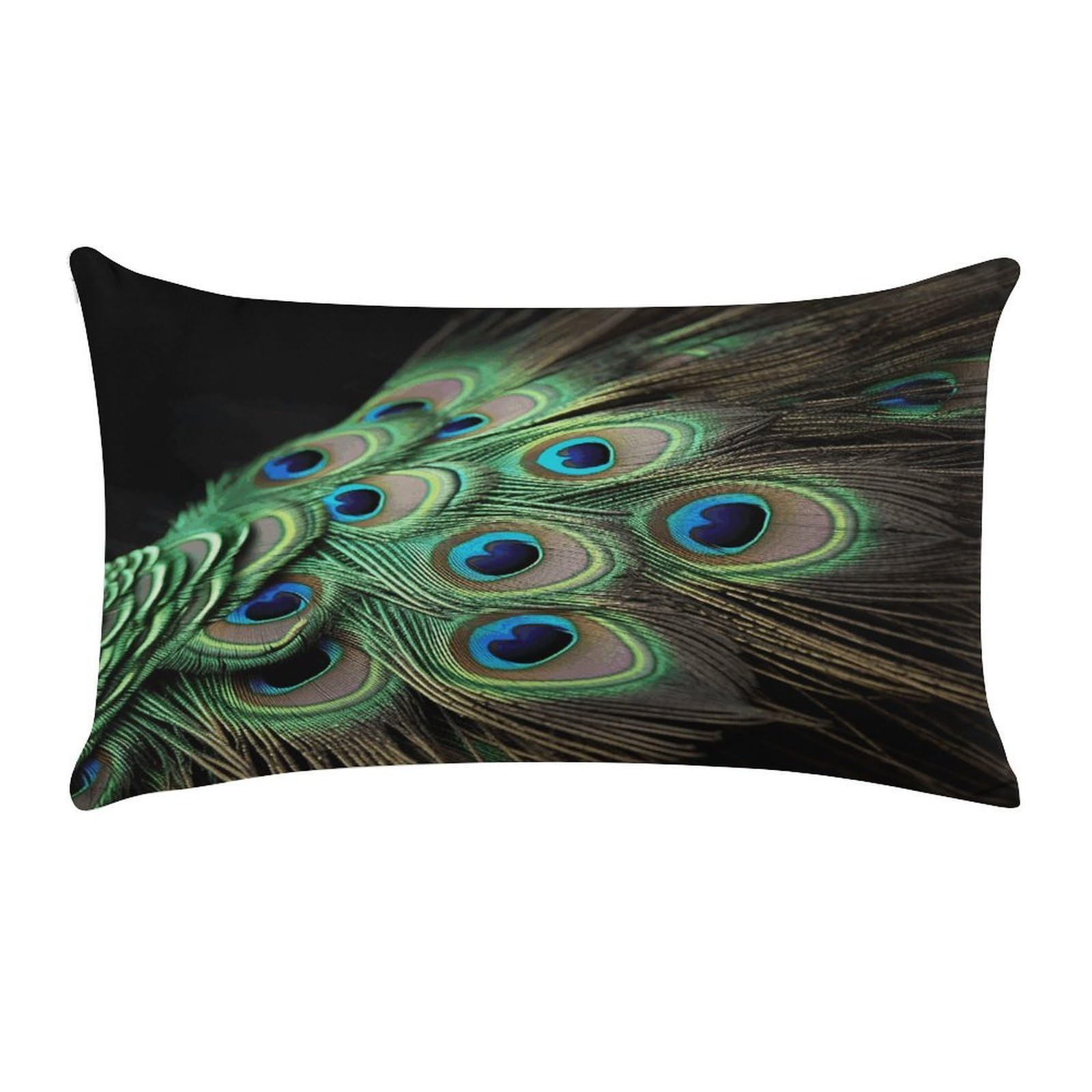 Funda de almohada de felpa de lujo rectangular con diseño de plumas de pavo real verde