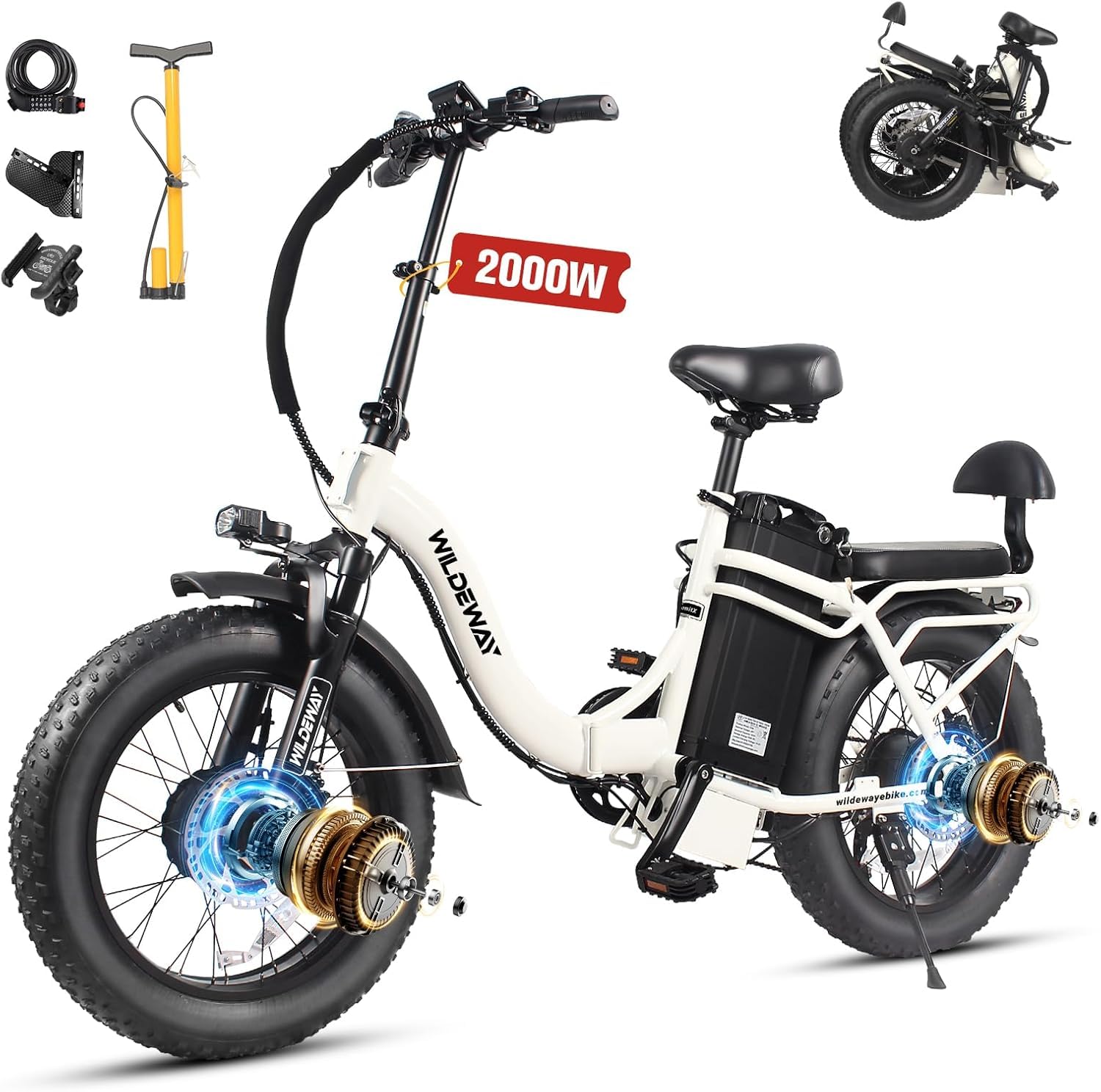 Wildeway Folding Electric Bike for Adults,2300W Dual Motor Ebike 20x4.0 Fat Tire All-Terrain 28MPH,48V 32Ah/60Ah Removable Battery,7-Speed,Dual Hydraulic Disc Brake,City Commuting Delivery Bicycle