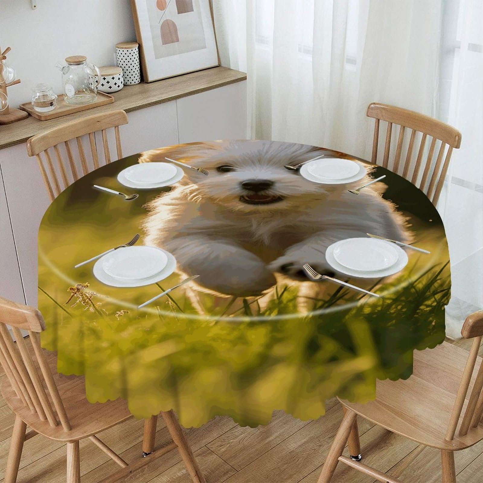FekiLoot Puppy Crossing The Grass Round Tablecloth Waterproof Spill-Proof Wipeable Table Cloth Wrinkle Free Circle Dining Table Cover for Dining Kitchen Wedding Parties Machine Washable